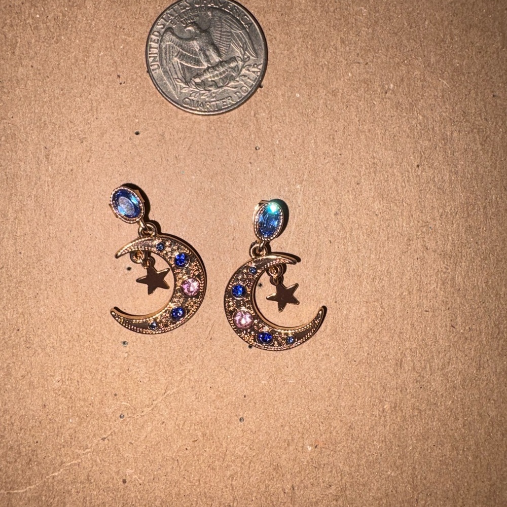 Gold Moon & Star Drop Earrings with Blue and Pink Crystals